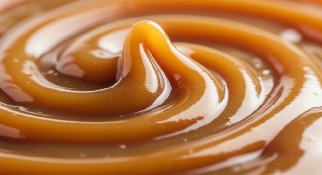 Macro close-up of smooth swirling golden caramel sauce texture