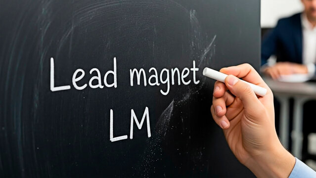A hand writing Lead magnet LM on a chalkboard, illustrating marketing and business strategy.