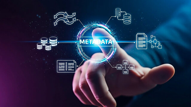 A hand touching a glowing circle with the word METADATA, surrounded by icons representing data processing and management.