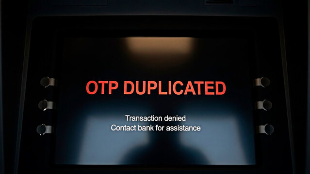 OTP DUPLICATED screen displayed on an ATM machine, signifying a transaction denial and the need to contact the bank for assistance.