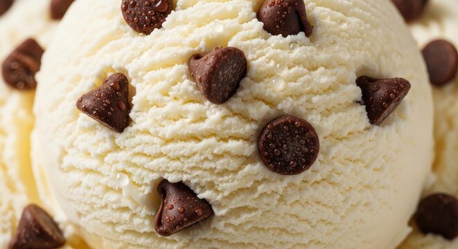 Macro close-up of a creamy vanilla ice cream scoop topped with chocolate chips and fresh condensation droplets