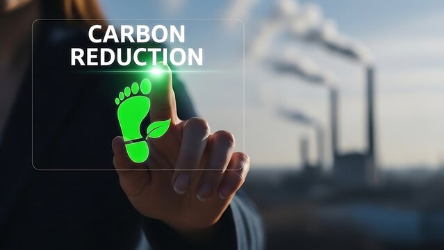 Hand pressing button with text CARBON REDUCTION and green footprint icon, symbol of environmental protection.
