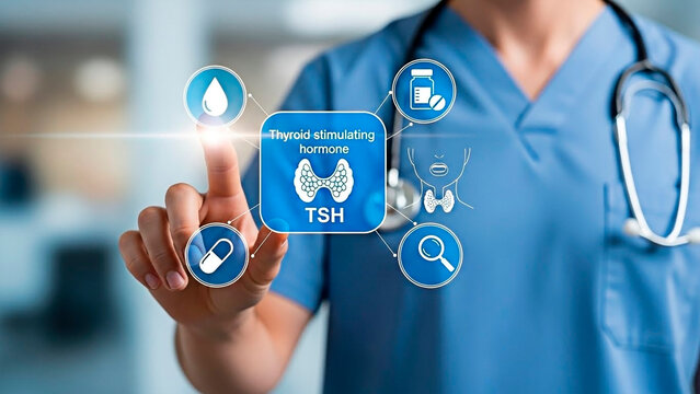 A doctor points to a TSH (Thyroid-Stimulating Hormone) interface, symbolizing medical diagnosis and research.