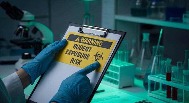 A person in a lab coat pointing at a warning sign about rodent exposure risk.