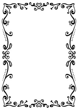 Black & White Border Frame with Dots in Whimsical Style. Wavy line decorative hand drawn for wedding invitation a4 a5 a6 size, isolated on transparent background