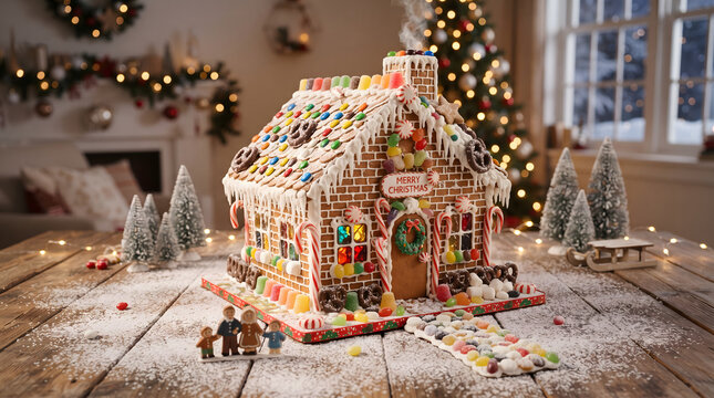 Gingerbread house decorated with candy and icing on table with snow and Christmas tree.