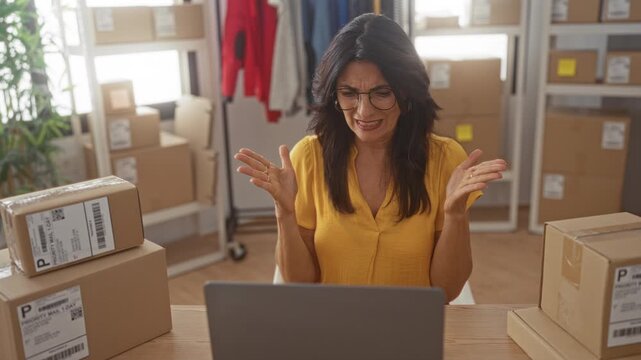 Woman at laptop raises hands beside stacked shipping boxes in a storage building, frowning and gesturing toward screen; small business frustration.