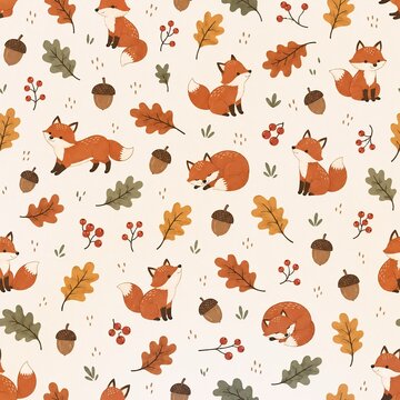 Cute Foxes with Autumn Leaves and Acorns Seamless Pattern