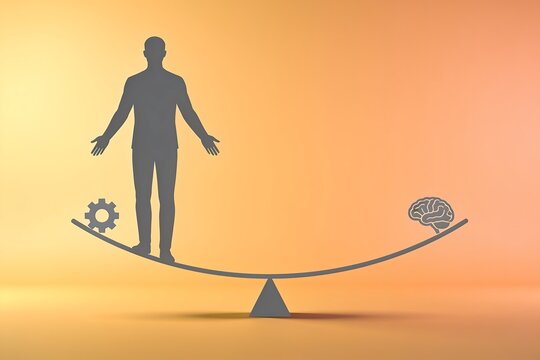 Minimal vector illustration of human balance between creativity and technology with gear and brain symbols