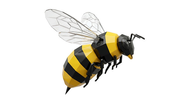 Stylized 3D render of a yellow and black striped bee with transparent wings in flight against a white background.