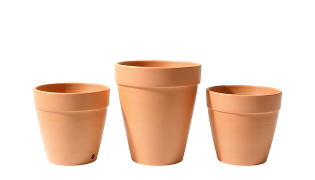 Three empty terracotta flower pots isolated on white