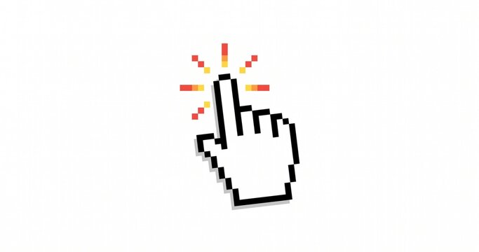 Pixel art hand cursor clicking against a white background