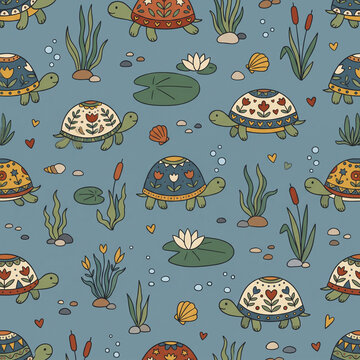 Whimsical Turtle Pond Pattern: A delightful seamless pattern featuring charming, colorful turtles with decorative shells, surrounded by lily pads, reeds, and aquatic plants in a serene pond setting.