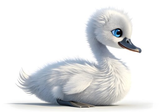 Cute fluffy white duckling with blue eyes looking side