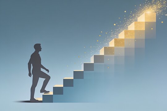 A minimalist vector illustration of a person ascending geometric steps toward glowing light, symbolizing ambition, progress, personal growth, and achievement.