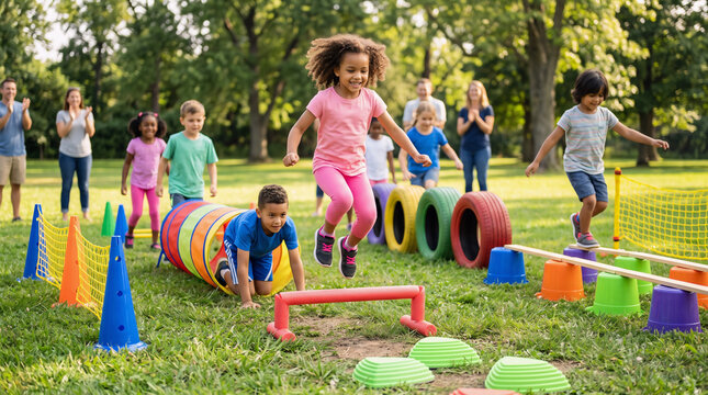 Children playing obstacle course game outdoors, jumping, crawling, active lifestyle concept
