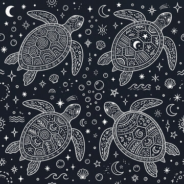 Celestial Sea Turtle Mandala: An intricate and whimsical collection of four sea turtles, adorned with celestial patterns and swirling motifs, depicted in a dark, star-studded night sky.