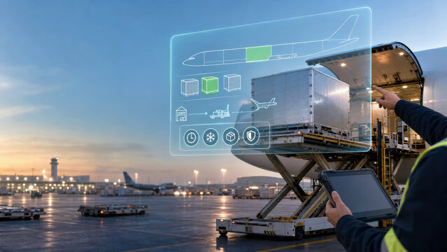 Air Cargo Freight Logistics Hub with Holographic Digital Analytics UI