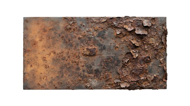 A square piece of weathered metal with heavy rust texture and peeling paint isolated on white background