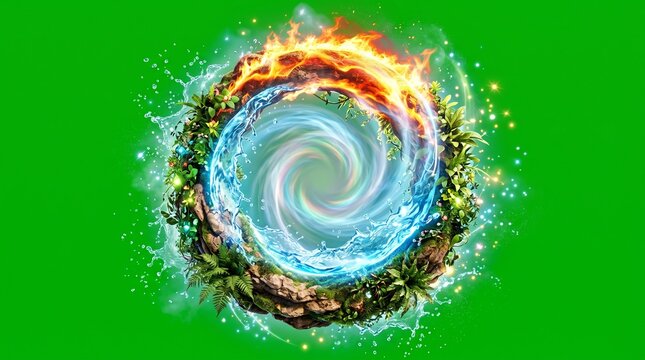 Five elements forming a nature portal. Magical circle of fire water earth and air energy.