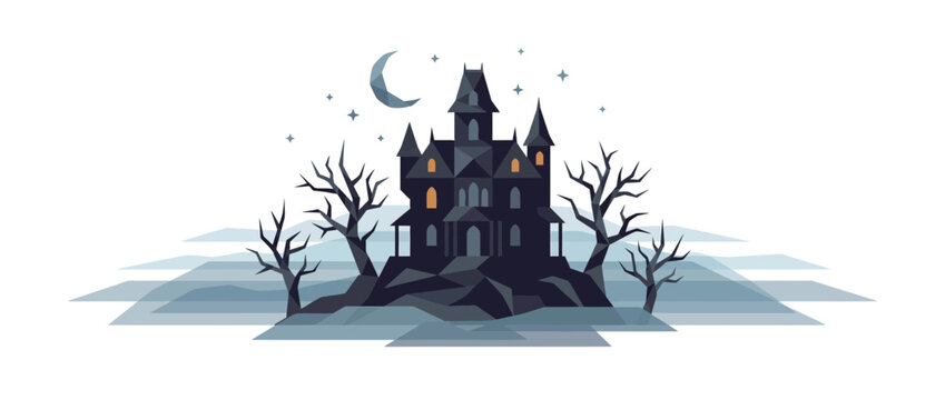Spooky haunted house vector illustration with crescent moon and bare trees