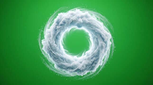 Swirling cloud ring on green background. Abstract vortex of white mist and wind energy.
