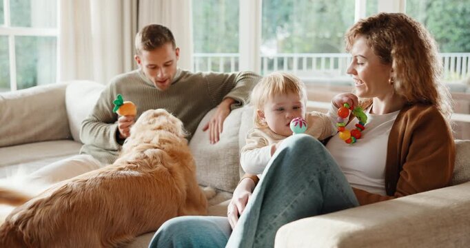 Smile, parents and baby in home with dog, love and parental support for bonding together. Happy, people and toddler on couch with pet animal, nuturing childcare and playing with toy for weekend break
