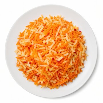 Frischer &ouml;sterreichischer Karotten-Apfel-Salat auf wei&szlig;em Teller, freigestellt vor wei&szlig;em Hintergrund. Knackige vegetarische Beilage in hochwertiger Studiofotografie.