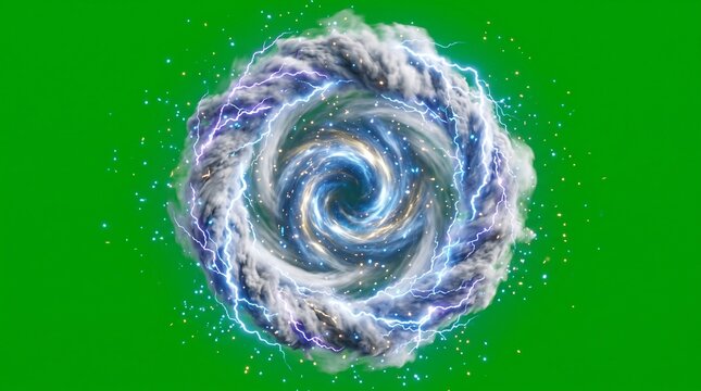 Circular storm cloud with lightning bolts. Rotating vortex portal on green screen background.