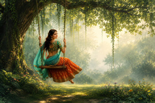 Happy hariyali teej and kajari teej graceful woman swinging beneath massive banyan tree in sunlit forest wearing turquoise dupatta and orange lehenga