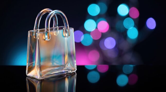 Transparent glass shopping bag sculpture with iridescent handles