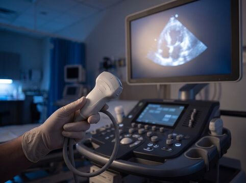 Echocardiography Probe Held Above Ultrasound Machine Console With Abstract Cardiac Image Glowing on Screen