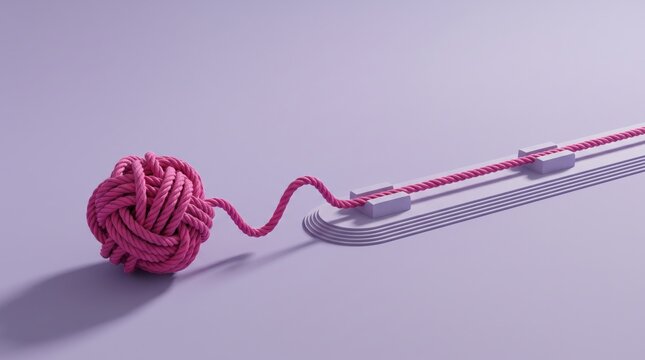 Magenta rope ball untangling from knot along lavender pedestal rail