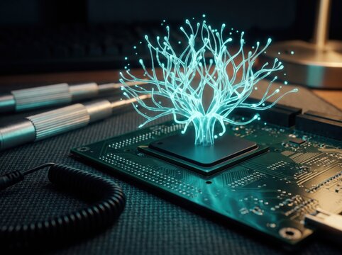 Glowing light structure blooming from circuit board chip