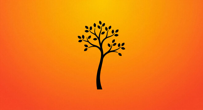 Minimalist tree silhouette, black plant icon on orange gradient background, nature symbol