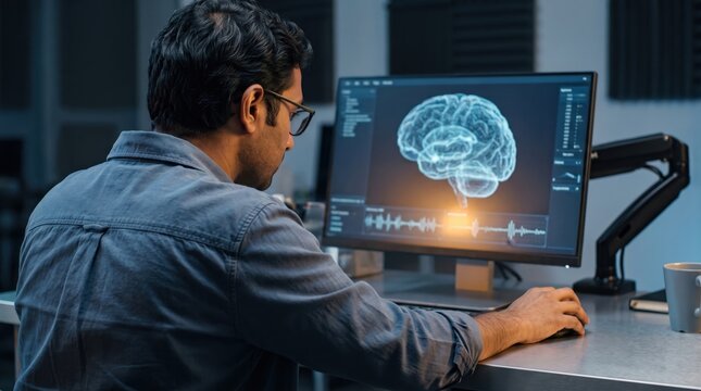 Man analyzing glowing brain scan on computer monitor, neuroscience research