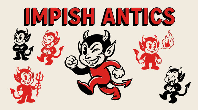 Impish antics vintage cartoon character. Retro devil mascot for t shirt print. 1930s rubber hose style graphic. Demon artwork for sticker.