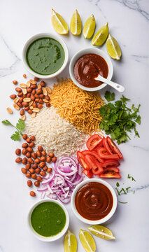 Top View of Bhel Puri Ingredients with Chutneys 