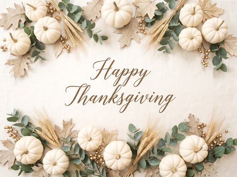 Elegant Happy Thanksgiving greeting with white pumpkins, eucalyptus, and gold berries on white