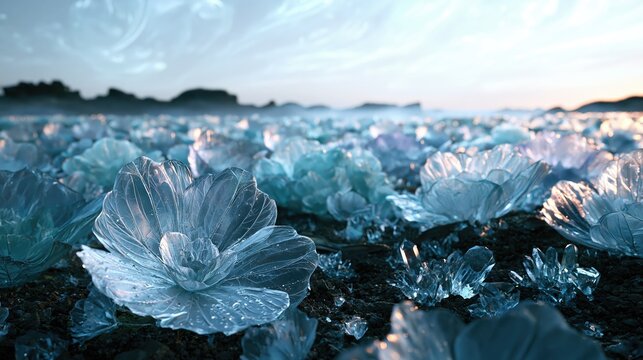 Growth of translucent ice flowers blooming across a frozen landscape under soft pastel light with distant hills and shimmering crystal petals at sunrise