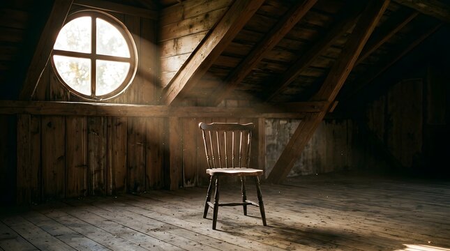 Sunlight streams from a round attic window onto the weathered texture of a wooden chair in a rustic timber interior with dramatic shadows