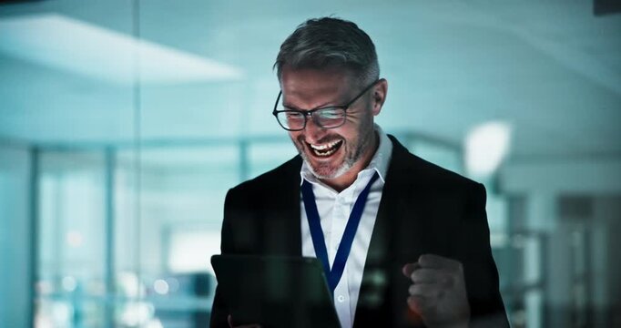 Glass, fist pump and business man on tablet for good news, investment success and profit in office. Happy, corporate and mature person celebrate for budget goals, stock trading and financial target