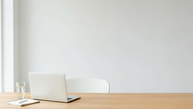 Minimalist home office workspace featuring white laptop computer on wooden desk with notebook and glass of water against clean empty wall background for remote work and study concepts.