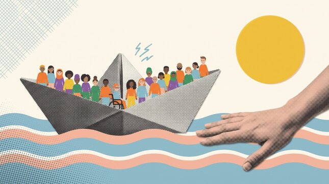 Paper boat crowded with diverse figures sailing toward giant helping hand