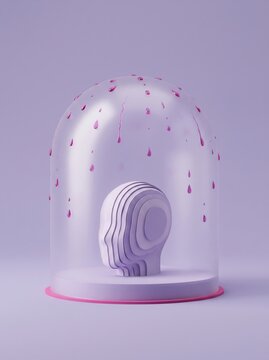 Layered paper-craft head protected inside glass dome from pink raindrops