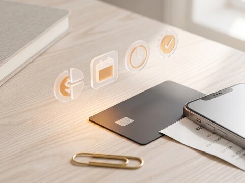 Credit card and phone with glowing finance icons, digital payment