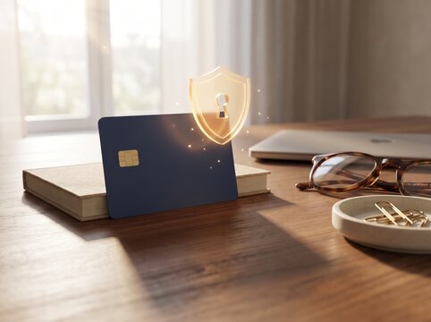 Credit card with glowing security shield on wooden desk, payment security