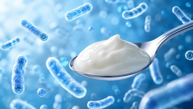 Yogurt on a spoon with floating probiotic bacteria cells. Healthy dairy product with active cultures for digestive health. Nutrition concept for gut balance and immune system support.