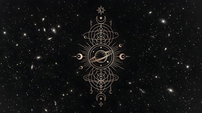 Elegant Minimalist Celestial Golden Sacred Geometry Design with Planet and Stars on a Dark Space Background