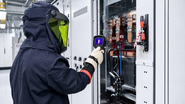 Technician in arc flash suit inspecting switchgear with thermal camera